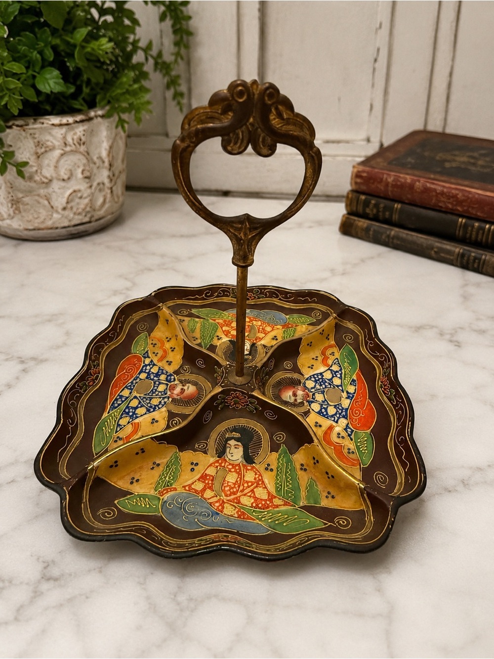 Vintage Japanese Satsuma Style Figural Divided Relish Tray Metal Handle